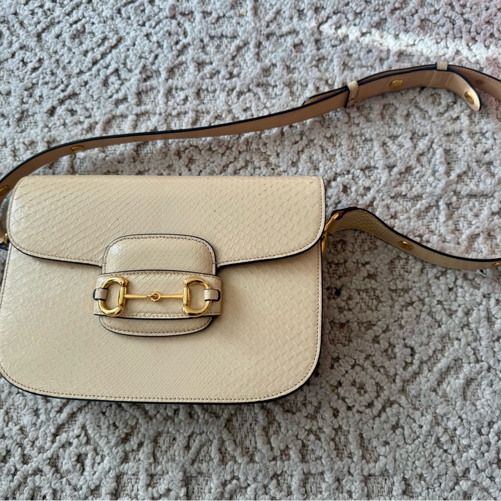 Gucci Python Leather Horsebit Shoulder Bag in cream